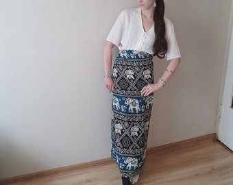 Vintage 90s elephant print bohemian wrap maxi skirt in black and blue