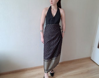 Vintage 1990s double sided wrap maxi skirt with stripe and dot textured ornamental embroidery in black and gold