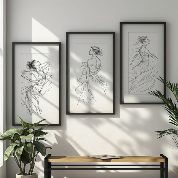 Contemporary Print Set "Dance in One Line" - Art Print Bundle of Dancing Woman, Print Set of 3, One Line Drawing Sketch Wall Art