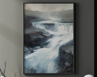 アイスランドの滝の油絵：北欧の自然を描いたアートプリント（デジタルダウンロード）