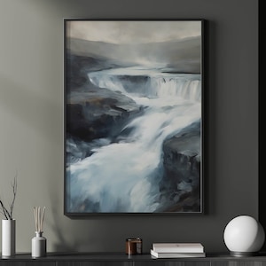 Iceland Waterfall Vintage Oil Painting Waterfall Wall Art Nordic Print Nature Acryl Icelandic Art Travel Printable Waterfall Oil Painting