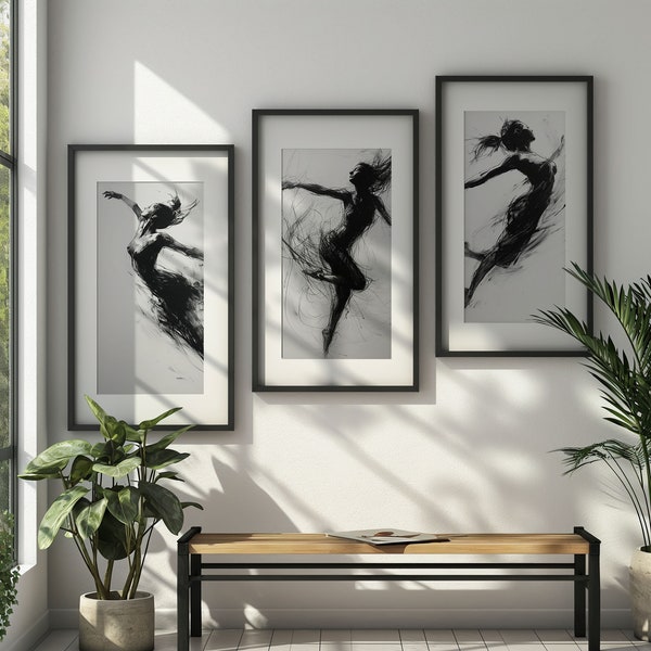 Dancing Muse: Set of Woman in Motion Coal Sketch Prints, Print Set of 3, Charcoal Sketch Wall Art, Art Print Bundle Modern Dance Pose