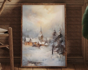 冬の散歩の油絵：雪に覆われた村の風景（デジタルアートワーク