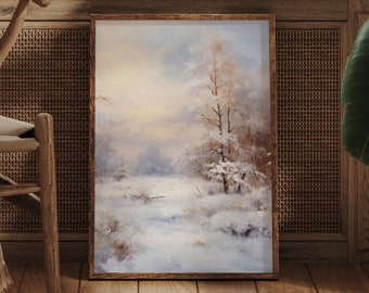 Dipinto a olio vintage con paesaggio invernale: scena di bosco innevato (download digitale)