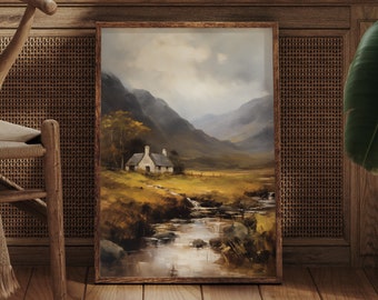May include: A framed painting of a cottage in a rural landscape with rolling hills and a stream. The painting is set against a wood-paneled wall with a woven rattan panel on either side.