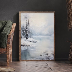 Frozen Lake Vintage Oil Painting Winter Landscape Scene Wall Art Winter Decoration Landscape Scene Wall Art Snowy Nature Printable Art Decor
