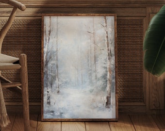 Dipinto a olio vintage con paesaggio invernale: scena di bosco innevato (download digitale)