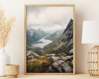 Paesaggio delle Highlands scozzesi, dipinto a olio vintage - Decorazione murale rustica in stile fattoria, paesaggio montano, download digitale