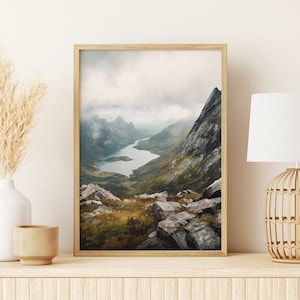 Landscape Scottish Highlands Vintage Oil Painting – Rustic Farmhouse Wall Art, Mountain Landscape Digital Download