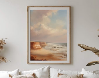 Serene Coastal Cliffs Digital Painting, Soft Pastel Beach Landscape, Peaceful Seascape Canvas Art, Tranquil Shoreline Wall Decor