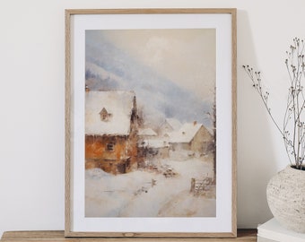 Cozy Christmas Town Oil Painting Winter Decoration Holiday Season Art Snowy Winter Town Scenery Wall Art Snowy Village Printable Art Decor