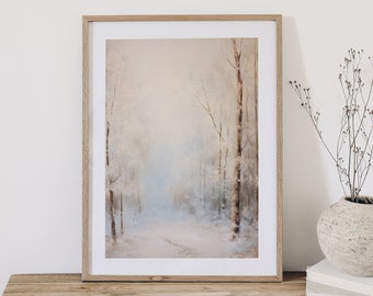 Dipinto a olio vintage con paesaggio invernale: scena di bosco innevato (download digitale)