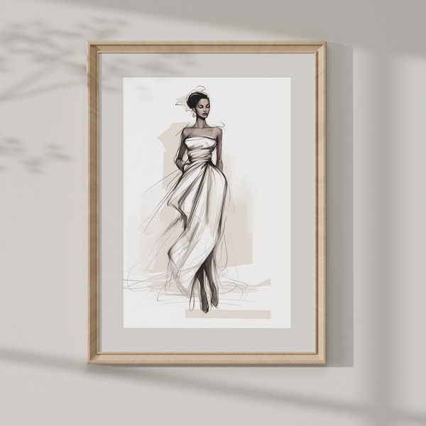 Croquis de mode élégant, femme dessinée à la main en robe, parfait pour les amateurs de décoration ou d’art, cadeau d’anniversaire unique, croquis de conception de robe chic