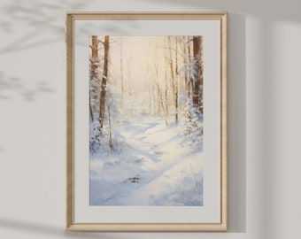 Dipinto a olio vintage con paesaggio invernale: scena di bosco innevato (download digitale)