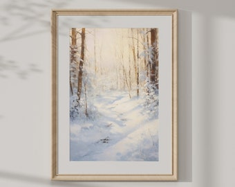 Winter Landscape Vintage Oil Painting Snowy Woods Scene Wall Art Winter Decoration Landscape Scene Wall Art Sun ray Nature Printable Decor