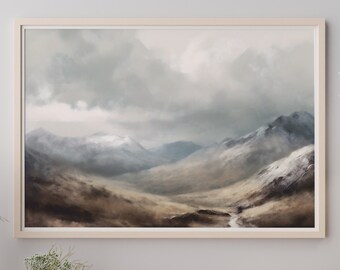 Vintage Scotland Oil Painting: Snowy Mountain Landscape Art (Digital Download)