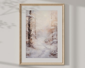 Dipinto a olio vintage con paesaggio invernale: scena di bosco innevato (download digitale)