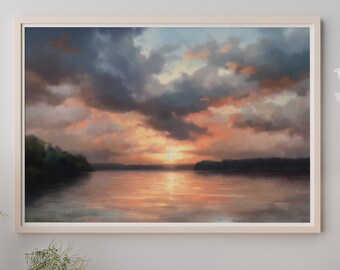 Vintage Painting Sunset Lake Wall Art Oil Painting Lake Sunset Art Mountain Oil Painting For Living Room Oil Art Sun Lake