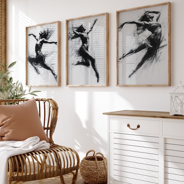 Contemporary Dance Print Set, Modern Dance Woman Print Set of 3, Coal Sketch Wall Art for Dance Studio
