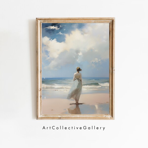 Elegant Woman in Dress on Beach - Digital Ocean Waves Artwork, Peaceful Seaside Painting Download, Coastal Wall Decor