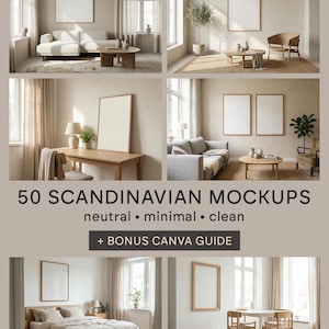 Puede incluir: Una imagen compuesta que muestra maquetas de diseño de interiores de estilo escandinavo. La imagen presenta varias habitaciones con paletas de colores neutros, incluyendo salones, dormitorios y comedores, con marcos en blanco para obras de arte.