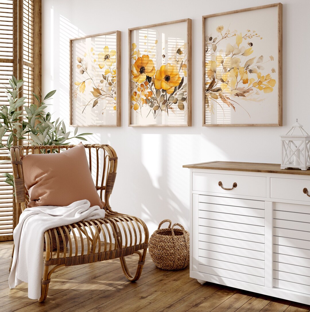 Sunny Watercolor Floral Triptych | Yellow Flower Wall Art Set of 3 ...