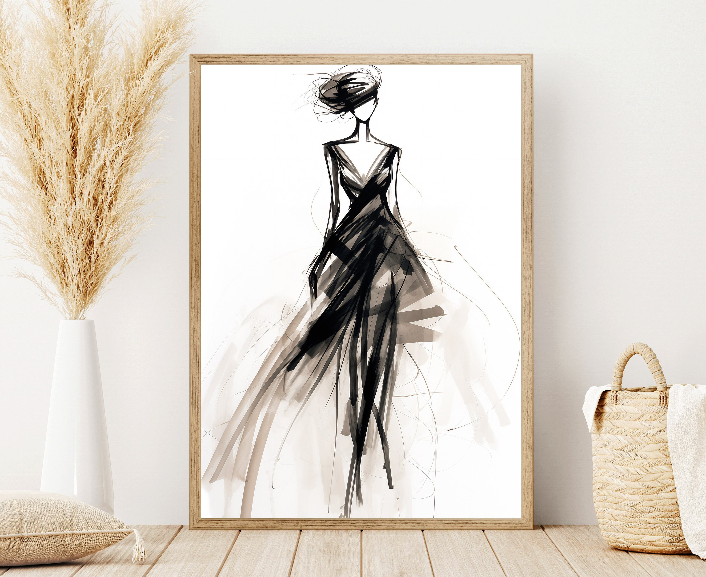 Mode-Skizze Kunst der Frau im Kleid - schwarz und weiß digitaler Download, schicke weibliche Figur Zeichnung, elegante druckbare Wand-Dekor