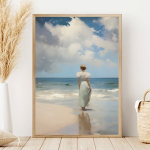 Woman in Summer Dress Standing on Beach Ocean Waves Vintage Print Light Aesthetic Wall Art Oil Painting for Living Room Beach House Decor