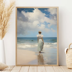 Frau im Sommerkleid am Strand Meereswellen stehen Vintage Print Licht Ästhetische Wand Kunst Ölgemälde für Wohnzimmer Strand Haus Dekor