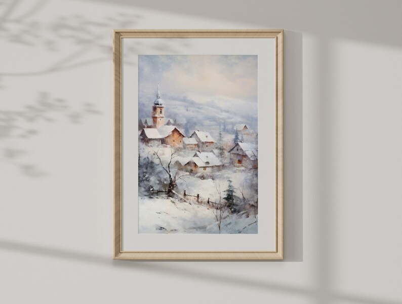 Vintage Winter Village Oil Painting: Snowy Christmas Town Art (digital ...