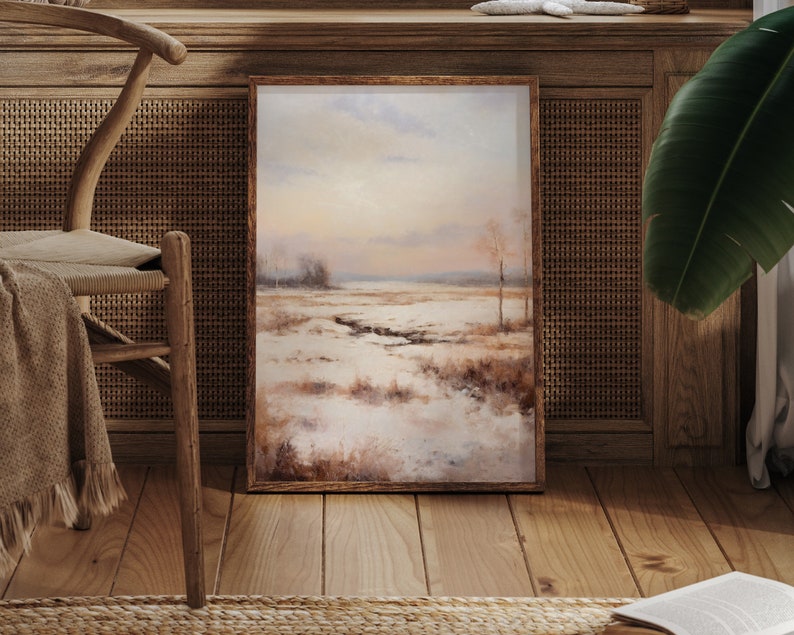 Vintage Oil Painting Winter Landscape Snowy Holiday Wall Art Snowy Winter Scenery Printable Artwork Country Theme Cozy Holiday Art Painting image 3