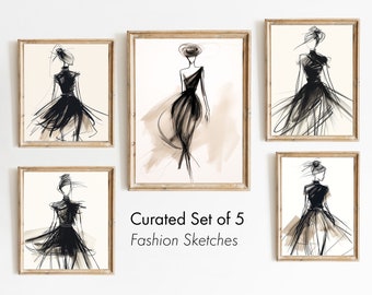 Fashion Sketch Set of 5 Timeless Aesthetic Drawing Art For Living Room Unique Fashion Design Gift For Wife Abstract Art Woman Sketch Bundle