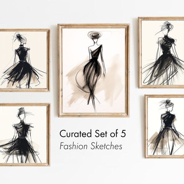 Fashion Sketch Set of 5 Timeless Aesthetic Drawing Art For Living Room Unique Fashion Design Gift For Wife Abstract Art Woman Sketch Bundle