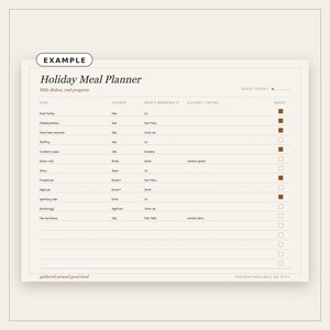 Può includere: Un modello di pianificatore di pasti per le feste color crema con testo nero. L'intestazione recita Holiday Meal Planner, little dishes, real progress. Le colonne includono Dish, Course, Who's Bringing It, Allergy/Notes e Ready con caselle.