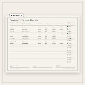 May include: A Freelancer Invoice Tracker template with a light background and dark text. It features columns for client, project, invoice number, amount, dates, and a status log. The bottom section displays total invoiced, total paid, and outstanding amounts.