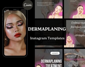 100 plantillas de Instagram para dermaplaning, redes sociales sobre cuidado de la piel, faciales con dermaplaning, publicaciones e historias de Instagram para esteticistas.