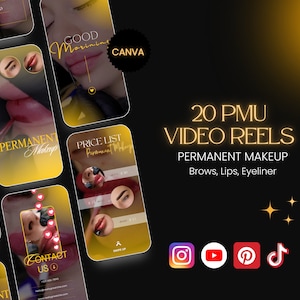 Pode incluir: Uma coleção de 20 vídeos para maquiagem permanente, incluindo sobrancelhas, lábios e delineador de olhos. Os vídeos são projetados para plataformas de mídia social como Instagram, YouTube, Pinterest e TikTok. A imagem inclui um esquema de cores dourado e preto com uma sobreposição de texto que diz "20 PMU Video Reels" e "Maquiagem permanente: Sobrancelhas, lábios, delineador de olhos".