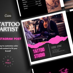 Modello Instagram per tatuatore, post per tatuatore, post sui social media per tatuatore, modelli Canva, rosa e nero