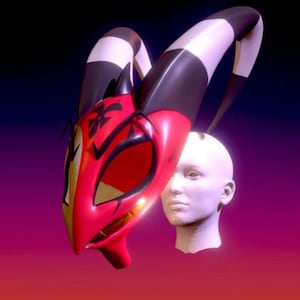 May include: A red and black mask with horns and a white and black striped design. The mask has a sharp, angular shape and a menacing expression. The mask is set against a pink and purple gradient background.