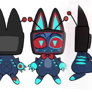 May include: Illustration of a cartoon character with a TV-shaped head, antennae, and a bow tie. The character is primarily navy blue with red and teal accents. The design includes a shark tail and claw-like feet, with a cross symbol on the body.