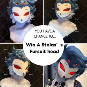 May include: A collage of four images showcasing a Stolas fursuit head. The head features a white face with red eyes, blue hair, and a fluffy white neck. Text in the image reads "READ DESCRIPTION!" and "Win A Stolas's Fursuit head."