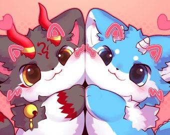 Op de afbeelding: Twee cartoon dierenfiguren, een zwart en rood met hoorns en de andere blauw met een hoorn, staan ​​tegenover elkaar met hun hoofden tegen elkaar. Beide figuren hebben grote ogen en glimlachen. Ze zijn omringd door roze harten.