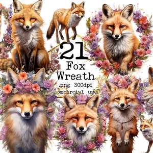PNG Floral Fox Aquarela Clipart Pacote Floresta Animal Clipart Pacote Floresta PNG Download Instantâneo Uso Comercial