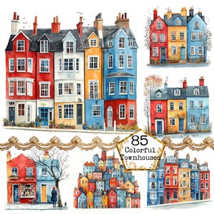 85 JPEG Acquerello Case stravaganti Clipart Bundle Città stravagante Città colorata Download immediato Artigianato di carta Diario spazzatura Scrapbooking