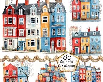 May include: A digital illustration of 85 colorful townhouses in various styles and colors. The illustration is divided into four sections, each featuring a different group of townhouses. The townhouses are depicted in a watercolor style, with a variety of architectural details, including chimneys, windows, and doors.