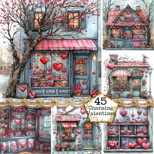 JPEG Watercolor Valentine&#39;s Shop Front Clipart Bundle Candy Shop Jewelry Shop Clipart Instant Download Paper Craft Junk Journal Scrapbooking