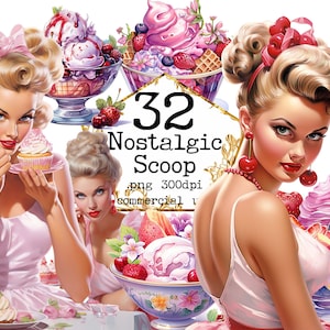 Pacchetto PNG retrò estivo gelato ragazza Clipart, PNG trasparente anni '50, PNG gelato, album di ritagli, diario spazzatura, artigianato di carta, uso commerciale