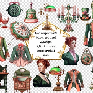 May include: A collection of vintage-style illustrations featuring a variety of objects, including a green and red jacket, a green and pink hat, a green and gold lamp, a green and gold chandelier, a green and gold umbrella, a green and gold clock, a green and gold bell, a green and gold teapot, a green and gold cup, a green and gold saucer, a green and gold table, a green and gold sink, a green and gold chair, a green and gold woman, a green and gold man, and a green and gold background. The text "transparent background 300dpi 7,8 inches commercial use" is also included in the image.