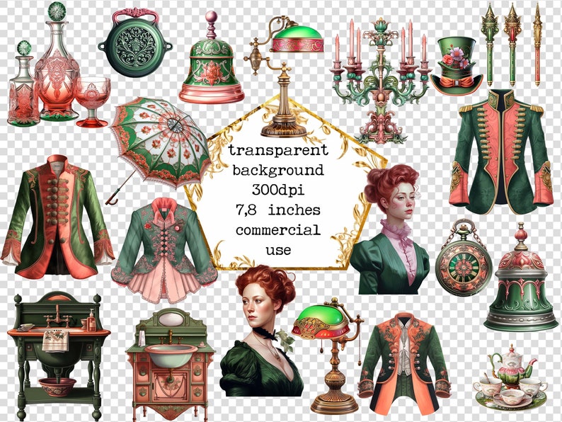 May include: A collection of vintage-style illustrations featuring a variety of objects, including a green and red jacket, a green and pink hat, a green and gold lamp, a green and gold chandelier, a green and gold umbrella, a green and gold clock, a green and gold bell, a green and gold teapot, a green and gold cup, a green and gold saucer, a green and gold table, a green and gold sink, a green and gold chair, a green and gold woman, a green and gold man, and a green and gold background. The text "transparent background 300dpi 7,8 inches commercial use" is also included in the image.