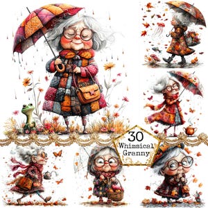 Lot de cliparts automne lunatique JPG pour grand-mère Art jour de pluie, drôle de femme décalée, téléchargement immédiat, artisanat en papier, journal indésirable, Scrapbooking